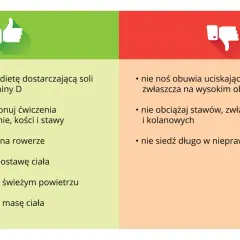 Jak dbać o układ ruchu: zdrowa dieta, ćwiczenia, ruch, prawidłowa postawa, świeże powietrze, masa ciała. Unikaj uciskającego obuwia, przeciążania stawów i złej postawy.