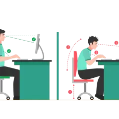 Prawidłowa postawa przy komputerze vs. zgarbiony bark komputerowca. Ilustracja pokazuje różnicę w ergonomii pracy.