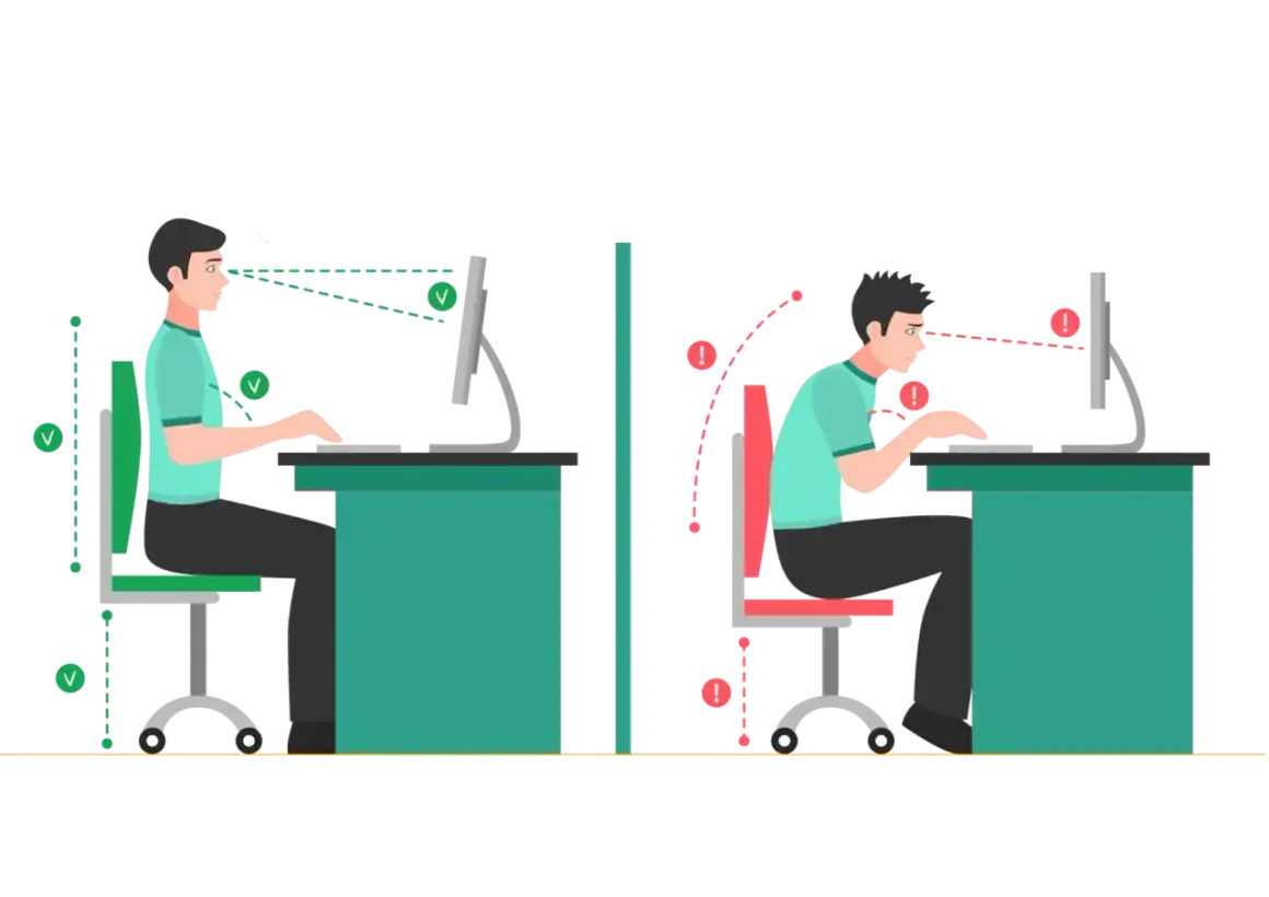 Prawidłowa postawa przy komputerze vs. zgarbiony bark komputerowca. Ilustracja pokazuje różnicę w ergonomii pracy.